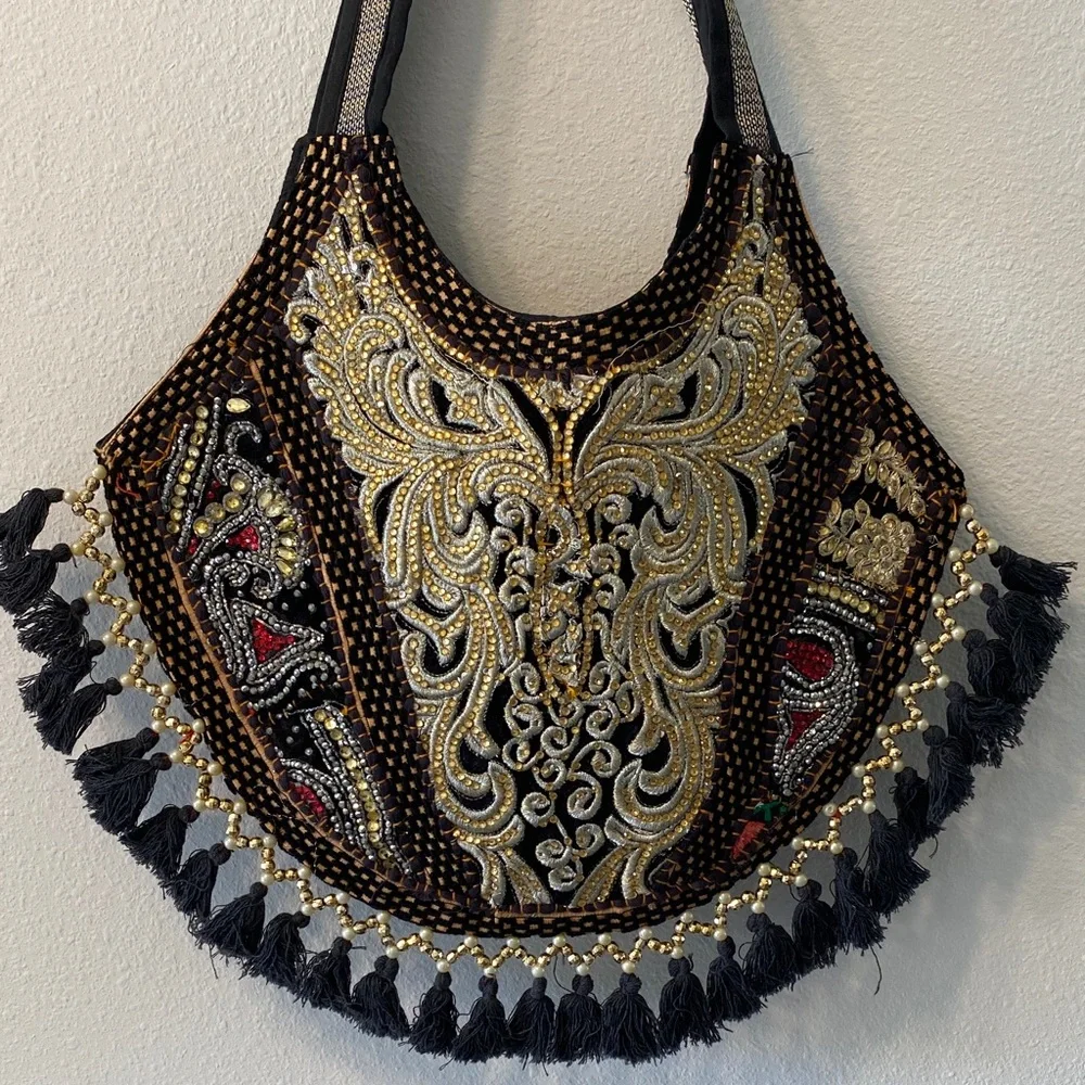 Embroidered Black and Gold Women's Bag - Picture 3 of 5
